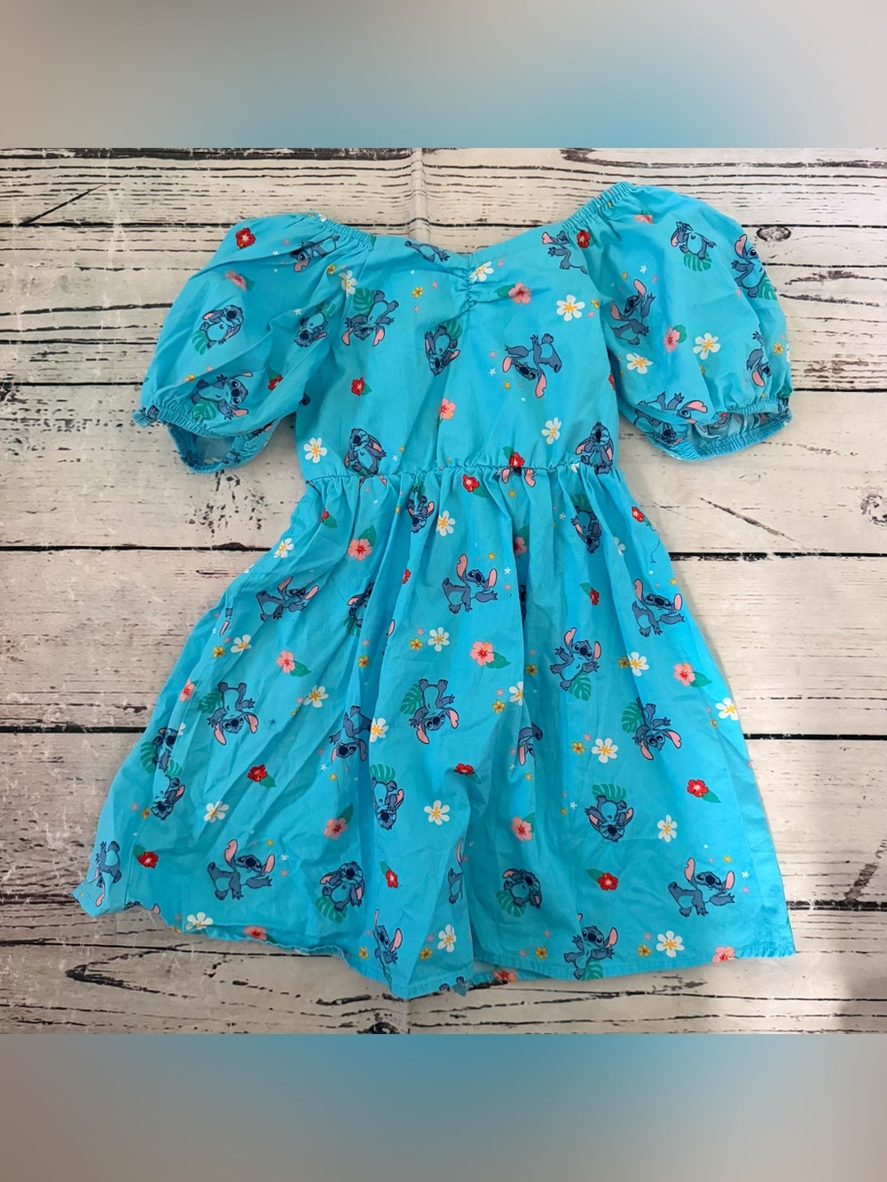 Disney Blue Puff-Sleeve Dress with Stitch & Floral Print